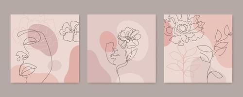 fondos de belleza vectoriales, historias de redes sociales, diseños de alimentación de publicaciones. conjunto de ilustraciones con cara de mujer continua de una línea y hojas. collage contemporáneo con formas geométricas vector