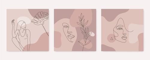 Vector beauty backgrounds, social media stories, posts feed layouts. Set of illustrations with one line continuous woman face, body and leaves. Contemporary collage with spots, square