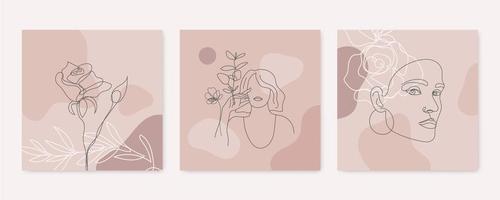 Vector beauty backgrounds, social media stories, posts feed layouts. Set of illustrations with one line continuous woman face and leaves. Contemporary collage with spots, square shape