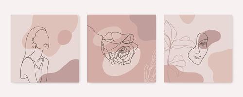 Vector beauty backgrounds, social media stories, posts feed layouts. Set of illustrations with one line continuous woman face and leaves. Contemporary collage with geometric shapes