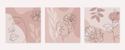 Vector beauty backgrounds, social media stories, posts feed layouts. Set of illustrations with one line continuous woman face and leaves. Contemporary collage with geometric shapes.