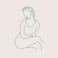 Vector minimalist style portrait. Line woman illustration, sitting, posing. Hand drawn abstract feminine print. Use for social net stories, beauty logos, poster illustration, card, t-shirt print.