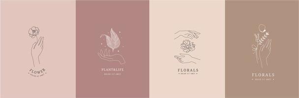 Vector set of Female hands gestures collection of line art hand drawn style illustrations. Hands holding flowers, plants. Floral logos, line icons, branding.