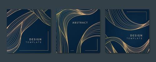 Vector set of abstract luxury golden square cards, post templates for social net, wavy line art background. Art Deco Pattern, texture for print, fabric, packaging design.