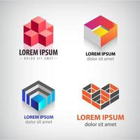 Vector set of 3d cube, geometric structure logos. Building, architecture, blocks colorful icons.