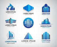 Vector set of blue, modern office, company buildings, skyscrapers logos, icons isolated