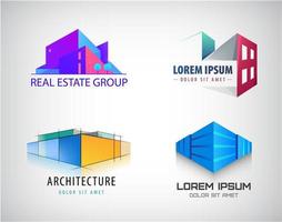 conjunto de vectores de bienes raíces, construcción y diseño de logotipos de construcción. Estructura 3d, colorida