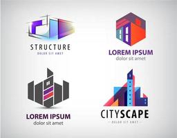 conjunto de vectores de diseños de logotipos inmobiliarios multicolores para identidad visual empresarial, edificios, iconos de paisaje urbano, casas, arquitectura