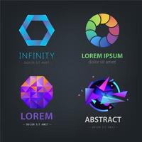 Vector set of abstract logos isolated on dark backgrounds. Loop, crystal, faceted, origami