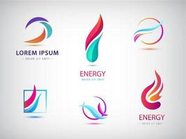 Vector set of abstract wavy energy, power, technology, fire logos. Solar Energy and Renewable