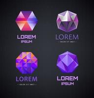 Vector set of purple crystal, faceted logos, 3d abstract, gem