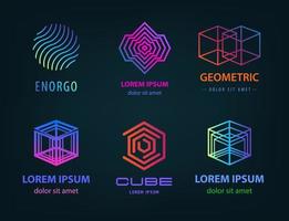 Vector set of linear abstract geometric logos. Cube outline retro 90 s style. Cube, circle