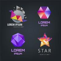 Vector set of abstract logos isolated on dark backgrounds. Origami 3d, crystal, faceted