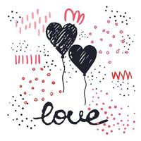 Vector illustration with hand-drawn lettering. love with hot air balloon in the shape of a heart. Calligraphic design. Can be used for t-shirt print, invitation, greeting card, posters, banners