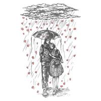 Vector graphic illustration of young couple under umbrella in the rain