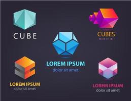 Vector set of colorful abstract 3d origami logos, icons. Business concept, company identity design template. Geometric multicolor logo collection on black background