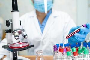 Asian scientist biochemist or microbiologist working research with a microscope in laboratory. For protect outbreak Coronavirus Covid19, bacteria and germs. photo