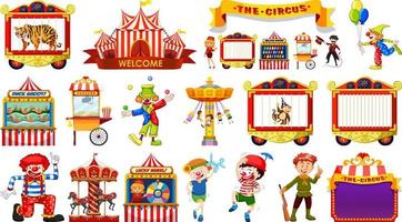 conjunto de personajes de circo y elementos del parque de atracciones. vector