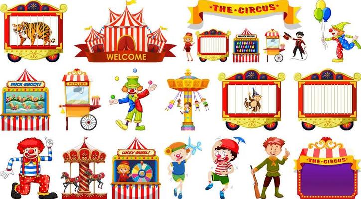 Set of circus characters and amusement park elements