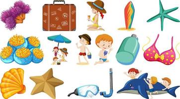 Set of summer beach objects and cartoon characters vector