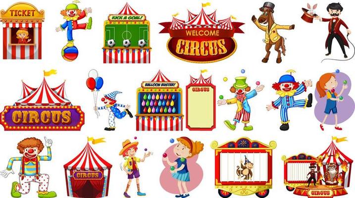 Set of circus characters and amusement park elements