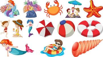 Set of summer beach objects and cartoon characters vector