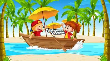 paisaje de playa con niños en bote de madera. vector