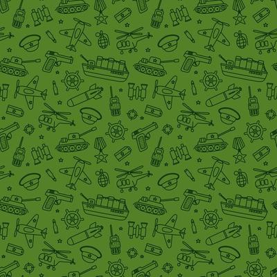 Victory day 9 may seamless pattern. Hand drawn background for Defender of the Fatherland Day 23 february. Kid drawing for army day. Doodle vector illustration on green background