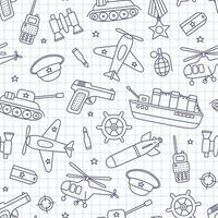 Victory day 9 may seamless pattern. Hand drawn background for Defender of the Fatherland Day 23 february. Kid drawing for army day. Doodle vector illustration on squared notebook background