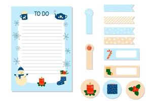 Winter planner stickers set and To Do list. Hand drawn cute seasonal elements. Template for notebook and stationery. vector