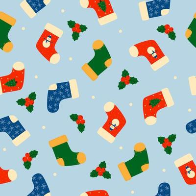 Seamless pattern of colorful Christmas socks and holly.  Christmas winter background.