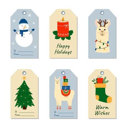 Set of colorful Christmas and holidays gift tags. Labels with cute llama, snowman, Christmas tree.