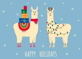 Christmas greeting card with cute llama. Template for nursery, poster, Christmas, birthday greeting card, invitation. vector