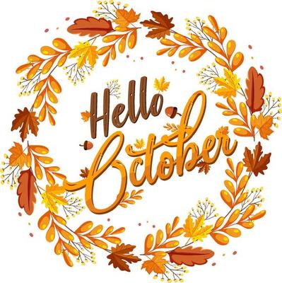 Hello October with ornate of autumn leaves frame
