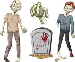 Espeluznante personaje zombie y lápida sobre fondo blanco. vector