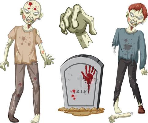 Creepy zombie character and gravestone on white background