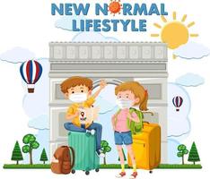 New normal lifestyle logo with couple tourist wearing mask