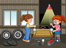 Children repairing a car together in the garage vector