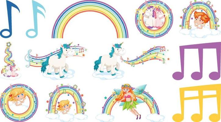 Set of fantasy fairies and cupids with rainbow elements