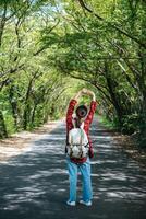 Female tourists carry a backpack and stand on the street. photo