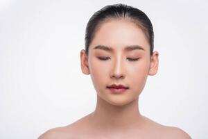 The woman wore a shirt and looked down on white background. photo