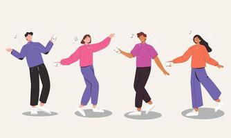 Young stylish people listening to music in headphones and earphones isolated. Multiethnic group. Boys and girls smiling, dancing, walking. Flat cartoon style. Vector illustration.