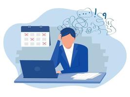 businessman overworked at office desk. Man fatigue with headache concept vector illustrator