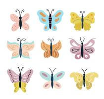 Set of butterflies isolated on white background. Collection of tropical flying insects with colorful wings. Vector illustrations.