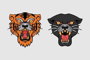 Ilustración de tigre y pantera negra impresa en camisetas, chaquetas, recuerdos o tatuajes vector gratuito