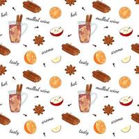 Mulled wine pattern. Seamless white food background with beverage ingredients. Vector illustration