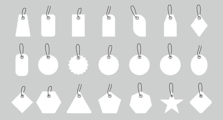 Set of sale shopping labels with rope. Realistic blank white paper price tags or gift tags. Set of sale shopping labels with rope. Vector