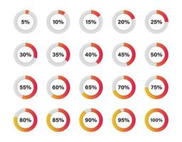 Set of red, orange circle percentage diagram. Progress or loading circle symbols. From 0 to 100. Gradient circle. Vector