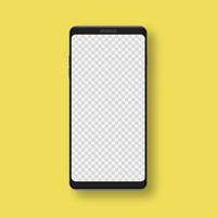 Realistic smartphone mockup on trendy yellow background. Mobile phone with transparent screen. Vector