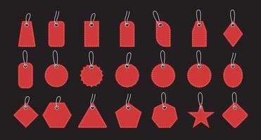 Template of blank red paper price tags or gift tags. Set of sale shopping labels with cord. Vector